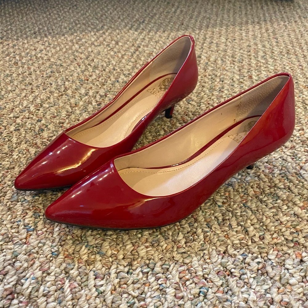 Vince Camuto red patent leather kitten heels